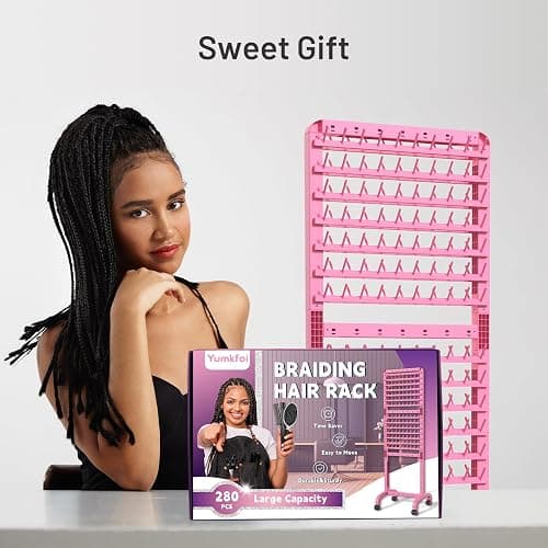 Yumkfoi Adjustable 2-Sided Braiding Hair Rack - 280 Pegs, Standing With Wheels, Pink Separator for Stylists thumbnail 6