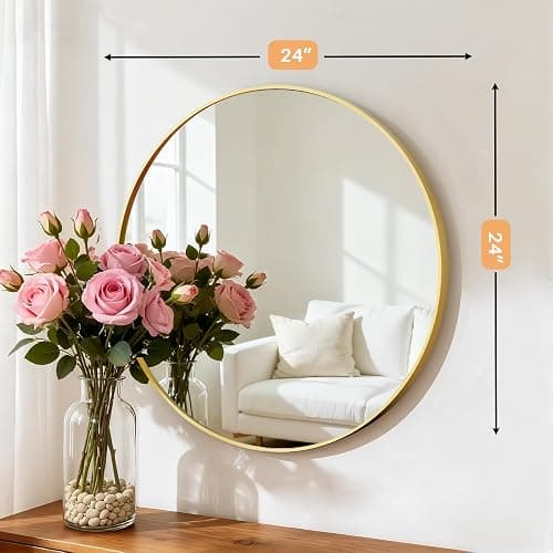 Atilioo Bathroom Mirror for Wall, 24 Inch Round Mirror, Matte Gold Metal Framed Circle Vanity Mirror for Bathroom Bedroom Living Room Entryway, Anti-Rust, Tempered Glass, Hanging or Leaning thumbnail 2
