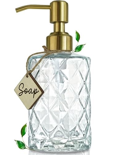 JASAI Diamond Design Glass Soap Dispenser with Golden Pump, Refillable Hand soap Dispenser for Kitchen, Soap Dispenser Bathroom for Soap, Hand soap, Dish Soap, Lotion. - Image 1