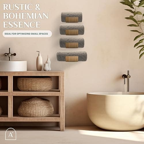 Bamboo Towel Rack by Aura Nest Set of 4 Wood Towel Racks Bamboo Bathroom Accessories -Wall Towel Holder for Rolled Towels Wooden Towel Racks for Bathroom Spa Bathroom - Natural Bamboo thumbnail 6