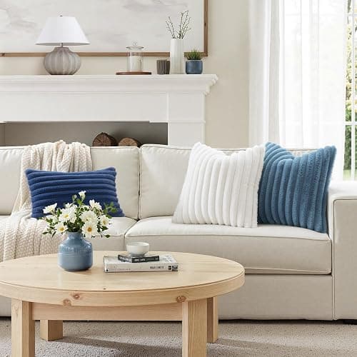 MIULEE Faux Fur Decorative Throw Pillow Covers 18x18 Set of 2 Navy Blue | Coastal Modern Art Home Decor Soft Plush Couch Pillows Cozy Fluffy Cushion Covers for Sofa Bed Living Room thumbnail 2