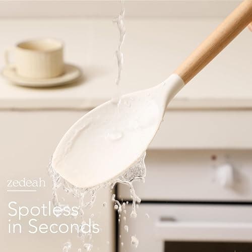 ZEDEAH 11-Piece Silicone Kitchen Utensils Set with Non Toxic Spatula, Tongs, Whisk, Turner & Ladle – Heat Resistant, Non-Scratch Cooking Tools with Wooden Handles, BPA-Free, Dishwasher Safe (Beige) thumbnail 5
