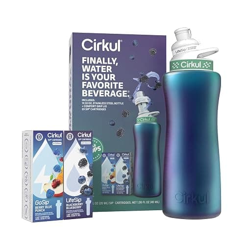 Cirkul 32oz. Chameleon Stainless Steel Water Bottle Starter Kit with Green Lid, 2 Flavor Cartridges (1 LifeSip Blackberry Blueberry, 1 GoSip Berry Blue Punch) No Sugar, Zero Calorie Drink Mix thumbnail 2