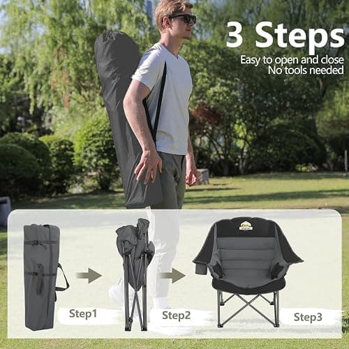 Colegence Oversized XL Padded Camping Chair Set of 2 Wide Heavy Duty Lawn Chairs Support 450 LBS Portable Folding Gaint Camp Chair for Outdoor Outside Sports Baseball Soccer-Black and Grey thumbnail 4