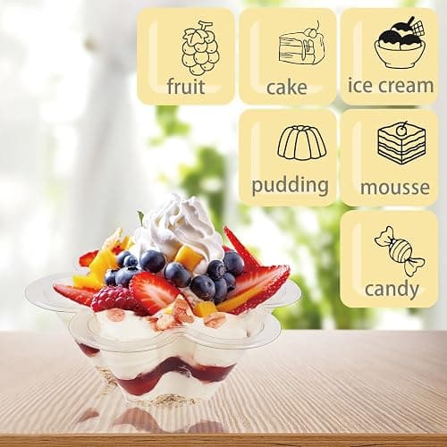 Legredic 50ct 8oz Plastic Dessert Cups with Spoons, Clear Flower shaped Ice Cream Bowls, Party Sundae Serving Bowls, Parfait Appetizer Cups for Ice Cream, Nuts, and Salad thumbnail 5