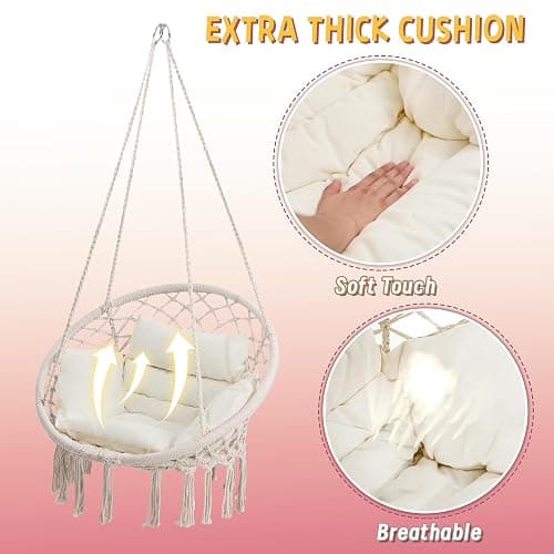 KROFEM Macrame Hammock Hanging Swinging Chair with Medium Cushion, Perfect for Bedroom, Porch, Adults, Balcony, Beige thumbnail 5