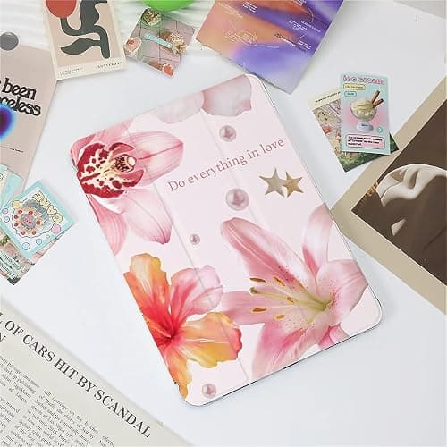 Pink Lilies and Hibiscus Flowers Case Compatible with IPad 9th 8th 7th Generation 10.9 Inch 2021/2019/2018,Funny Cover with Trifold Stand + Pencil Holder for Boys Girls,iPad Air6 11inch 2024 thumbnail 6