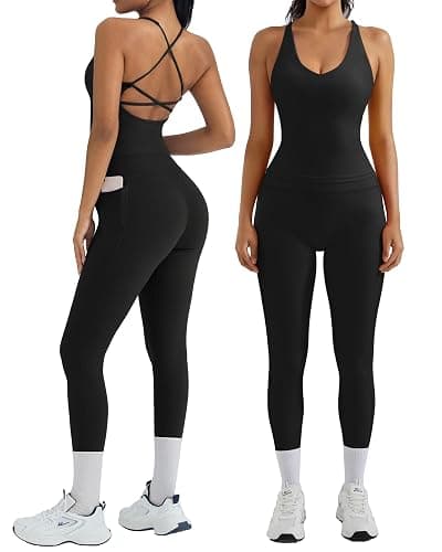RXRXCOCO Backless Gym Set V Neck Tank Top Booty Leggings with Pockets Workout Set for Women 2 Piece Yoga Gym Outfit - Image 1