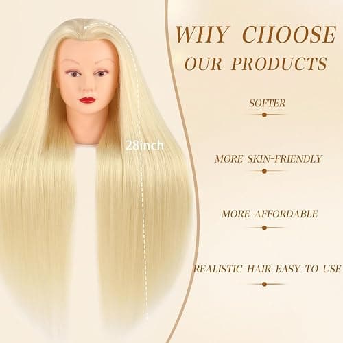 Mannequin Head with 80% Human Hair Face Mannequin Head for Hair styling Practice - Curling, Braiding, Cutting Multiple Hair Colors with Table Clamp Stand for Kids and Professionals 28inch thumbnail 3