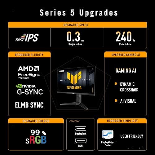 ASUS TUF Gaming Series 5 23.8” 1080P Monitor (VG249QML5A) - Fast-IPS, 240Hz, 0.3ms, G-SYNC Compatible, FreeSync Premium, 99% sRGB, Height Adjustable, DisplayWidget, Gaming AI, 3 yr Warranty thumbnail 2