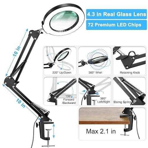 Coyeth 10X Magnifying Glass with Light and Clamp, Real Glass Stand Lighted Magnifier, 5 Color Modes Stepless Dimmable LED Desk Lamp Hands Free for Crafts Hobby Reading Painting Sewing Close Work thumbnail 5