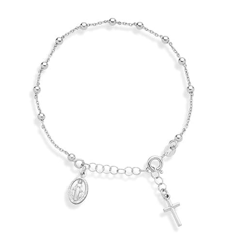 Miabella Italian 925 Sterling Silver Rosary Bead Chain Bracelet for Women | Adjustable Length, Cross Charm, Link Chain, Fine Jewelry, Made in Italy - Image 1