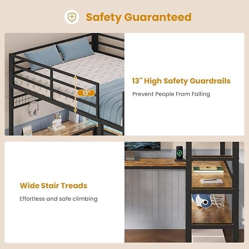 ADORNEVE Loft Bed Full Size with U-Shaped Desk, 6 Drawers, Rustic Brown | Metal Loft Bed with Power Outlet, LED Light, 2 Storage Shelves, Safety Guardrail & Ladders, No Box Spring Needed thumbnail 6