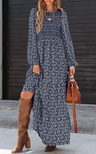 PRETTYGARDEN Women's Fall Dresses 2025 Long Sleeve Flowy Casual Floral Maxi Dress Crew Neck Smocked Tiered Long Dress thumbnail 2