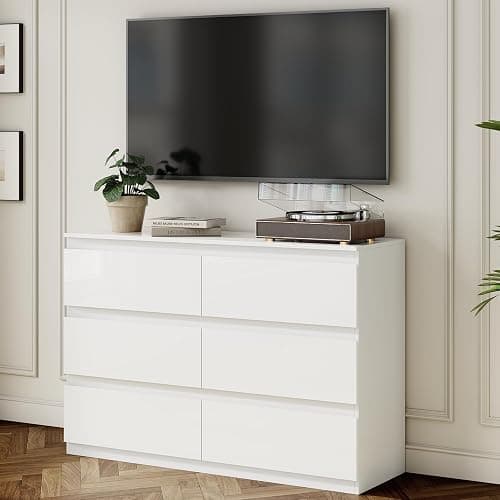 OtterOasis White Dresser for Bedroom Wood 6 Drawer Modern High Gloss | 47" Wide, Handle-Free, long, for Living Room, Entryway, TV Stand, Storing CLothes, Dressers & Chests of Drawers thumbnail 6
