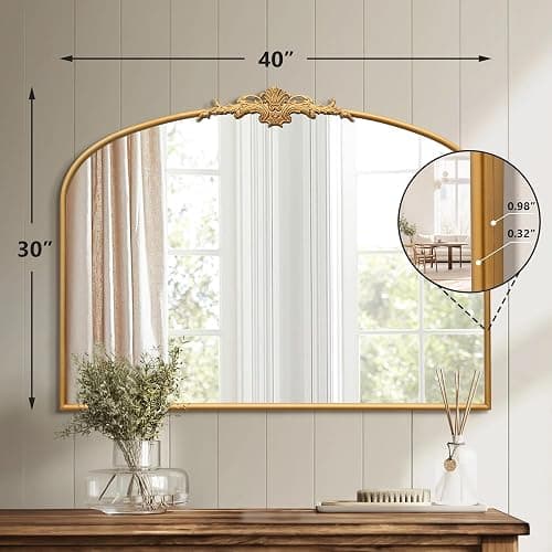Besdomus Antique Arched Gold Mirror: 40"x30" Large Gleaming Gold Vintage Wall Mounted Mirror - Baroque Traditional Ornate for Fireplace/Bathroom/Living Room - Home Decor for Homemakers thumbnail 2