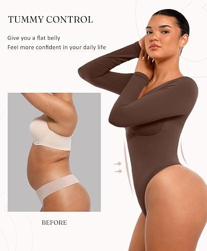 FeelinGirl Women's Long Sleeve Shapewear Bodysuit for Tummy Control Seamless Body Suits Thong V Neck Going Out Tops thumbnail 3