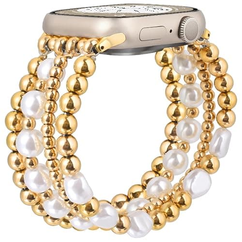 AIRSPO Gold Beaded Bracelets Compatible for Apple Watch Bands 38mm 40mm 41mm 42mm for Women, Fashion Handmade Dressy iPhone Watch Bands Stainless Steel Beads & Pearl Elastic Strap for iWatch Series 11 10 9 SE 8 7 6 5 4 3 2 1 Gold thumbnail 8