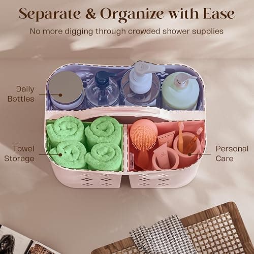 Portable Shower Caddy with Handle, Large Capacity Shower Basket Organizer, Quick-Drain Bathroom Storage Tote, Durable Plastic Shower Organizer for College Dorm, Beach, Gym, Travel Essentials, Pink thumbnail 7