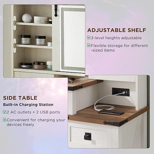 T4TREAM 48'' Farmhouse Makeup Vanity Desk with Sliding HD Mirror and Lights, Big Modern Lighted Vanity Table with 7 Drawers & Shelves, Rustic Large Dressing Table, Antique White thumbnail 6