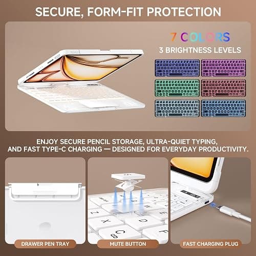 Tiaota Transparent Case with Keyboard for iPad 9th (7th, 8th, and 9th Gen) 10.2 Inch,with 7-Color Backlit Wireless Keyboard,360°Rotatable Protective Case Multi-Touch Trackpad,with Pencil Holder,White thumbnail 7
