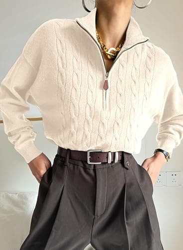 Dokotoo Women's Sweaters 2025 Fall Winter Quarter Zip Casual Ribbed Cable Knit Pullover thumbnail 4