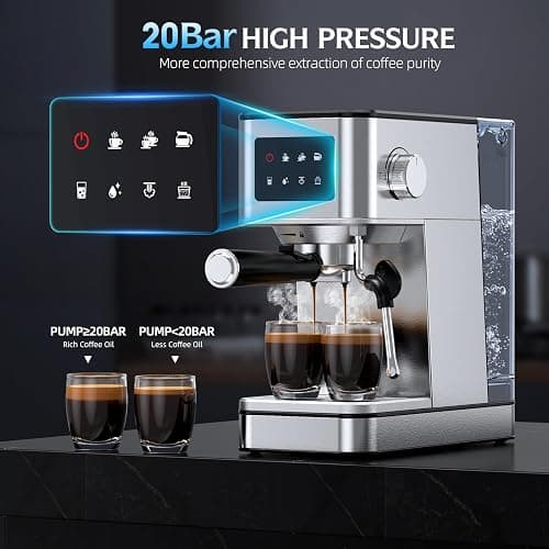 QJA Espresso Machine 20 Bar, Compact Espresso Maker with Milk Frother & Touchscreen for Home, Stainless Steel Coffee Machine with 57.5oz Removable Water Tank for Cappuccino, Latte, Silver thumbnail 3