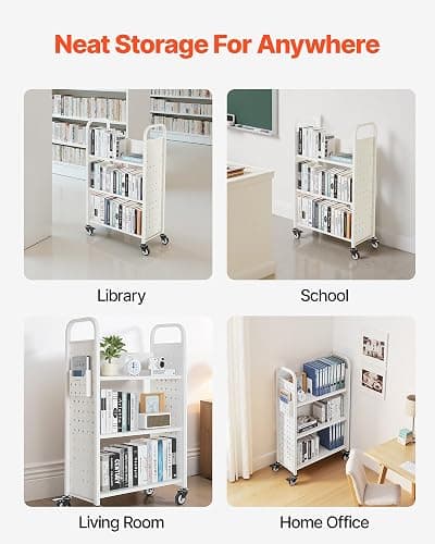 VEVOR Rolling Library Book Cart, 330 lbs Capacity, 30.3 x 15 x 48.0-Inch Library Cart, Single Sided L-Shaped Shelves with 3-Inch Lockable Wheels, Book Truck for Home Shelves Office and School, White thumbnail 8