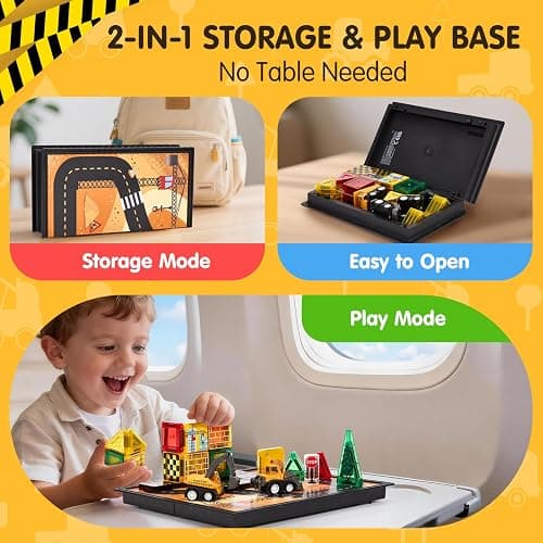 hahaland Mini Magnetic Tiles Travel Construction Toys with Engineering Cars | Magnetic Building Blocks with Vehicles Trucks, Case 2-in-1 Road-Themed Box, Montessori Gifts for 3-6 Year Old Toddler thumbnail 4