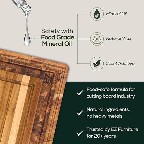 EZ FURNITURE Non-Toxic Teak Wood Cutting & Serving Board, Luxury Ideal Christmas Gift for Kitchen, Knife Friendly, Pre-Oiled End Grain with Juice Groove & Handles (L 20" x 15" x 1.5", 11.90 lbs) thumbnail 6