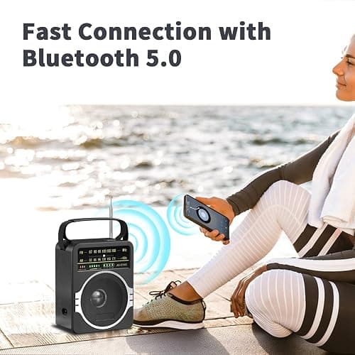 JEUJUG Portable AM FM Radio, Bluetooth 5.0 Radios 5 Watts Loud Speaker,FM Radio Built-in Rechargeable Battery/DC D*4 Cell Battery Operated & AC Power Plug in Wall Black thumbnail 3