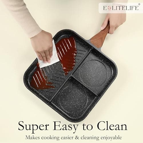 ESLITE LIFE 11 Inch Nonstick Divided Grill Pan for Indoor Cooking, Versatile 3-In-1 Induction Large Breakfast Pan for Stove Tops, PTFE & PFOA Free, Black - Image 1