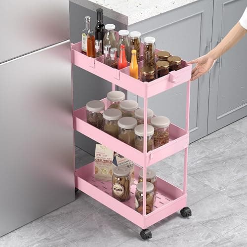 SPACELEAD 3 Tier Rolling Cart with Wheels, Storage Craft Art Trolley Organizer Serving, 3 Hanging Baskets Easy Assembly, for Office, Living Room, Kitchen, Pink thumbnail 4
