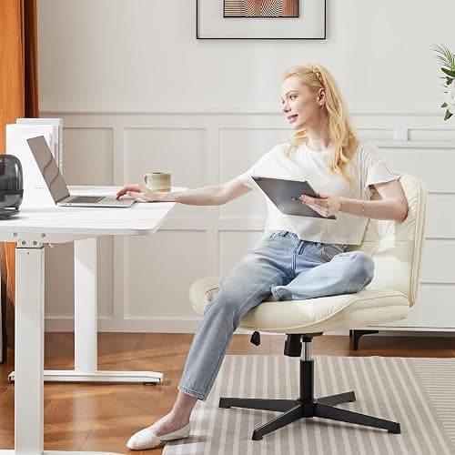 OLIXIS Criss Cross Chair Without Wheels, Cross Legged Office Chair, Armless Wide Vanity Desk Chair with Comfy PU Leather& Back - Swivel for Home Office Bedroom, Beige thumbnail 3