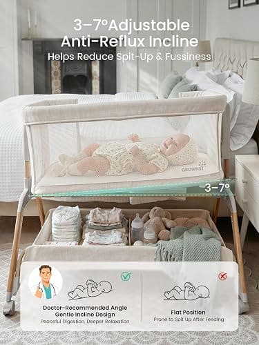 GROWNSY 5-in-1 Baby Bassinet Bedside Sleeper with Gentle Manual Rocking | 6 Adjustable Heights, Full Breathable Mesh, Convertible to Portable Crib, Bassinets with Mattress & Wheels, Beige thumbnail 5