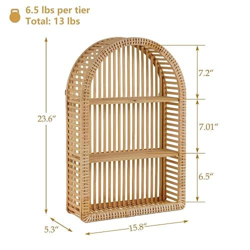 Synovana Rattan Wall Shelf - 3 Tier Boho Arch Hanging Shelves Handcraft Floating Shelf for Bathroom Living Room Wall Decor, 15.75" x 23.62" thumbnail 3