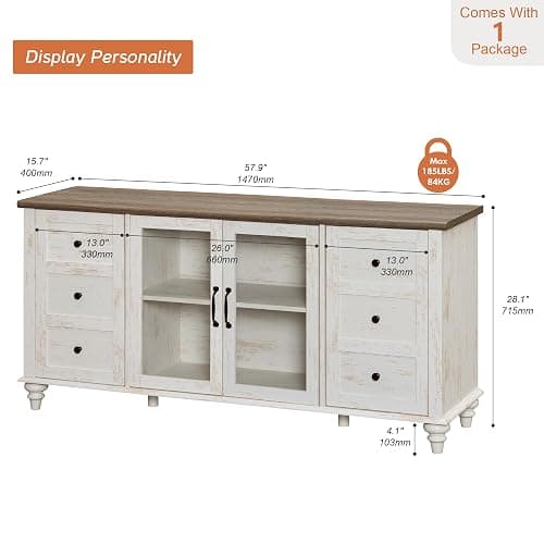 WAMPAT Farmhouse TV Stand for 65 inch TV, Wood TV Cabinet with Glass Door & Adjustable Shelf, Rustic Television Stands for Living Room Bedroom, 58 Inch, Antique White thumbnail 2