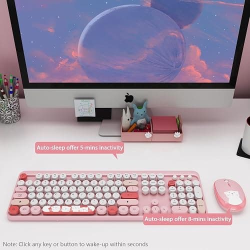 Wireless Keyboard,KOOTOP Cute Colorful 104 Keys Typewriter Retro Round Keycaps Keyboard for PC Laptop,Desktop,Windows, Home and Office Keyboards (Pink) - S300 pink thumbnail 6