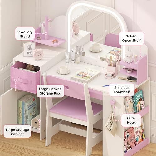 Frogprin Kids Vanity with Lights and Chair, Princess Makeup Vanity Desk with Mirror Bookshelf Storage Cabinet,3 in 1 Toddler Vanity Table Makeup Dressing Table, Pretend Play Vanity Set for Little Girl thumbnail 6