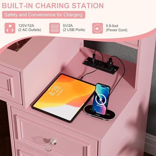 SDMY Vanity Desk with Mirror and Lights, Makeup Vanity Set with 5 Storage Drawers,Power Outlet,Small Dressing Table with Lights 3 Colors,Transparent Top Vanity with Jewelry Organizer for Bedroom,Pink thumbnail 5