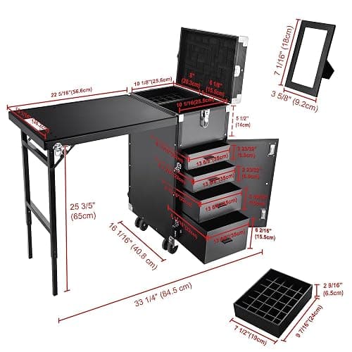 BYOOTIQUE Portable Manicure Table Nail Station Rolling Makeup Case with 4 Drawers Nail Table Storage for Makeup Artist Nail Tech Manicurist, Black, 33" x 16" x 31" thumbnail 3