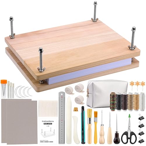 JUPEAN 45 Pcs Book Binding Kits, Bookbinding Kit Large Book Press 14.76”x11.42” with Books Binding Materials Bone Folder Tool Bind Cloth Webbing Strap and Storage Bag for Repair - Image 1