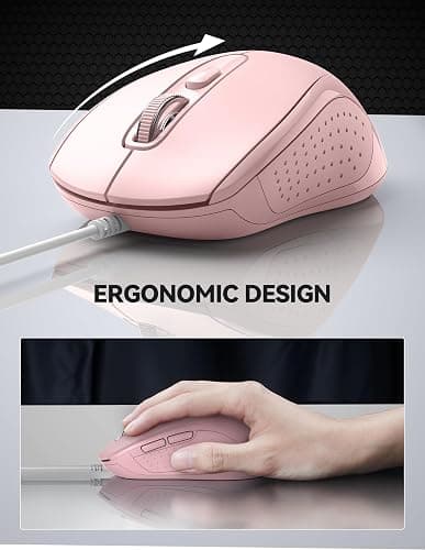 TECKNET Wired Optical USB Mouse - 3600 DPI Tracking, Gaming Grade Sensor, 6 Buttons, Business & Office PC/Laptop Mouse, Great for Graphic Design (Pink, Medium) thumbnail 4