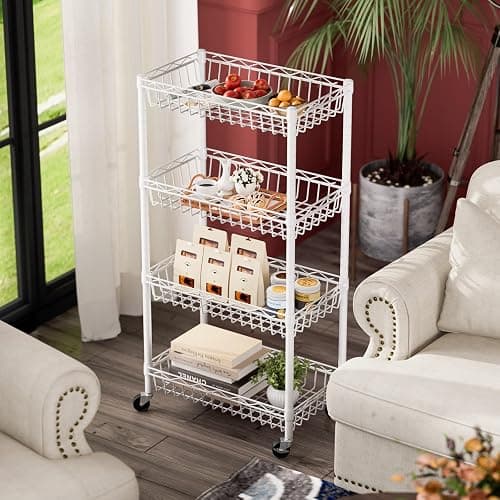 SINGAYE 4 Tier Basket Shelf Wire Shelving Unit Adjustable Storage Shelves Big Basket Rack for Garage Kitchen Office Pantry Corner 17" Dx12 Wx50 H White - Image 1