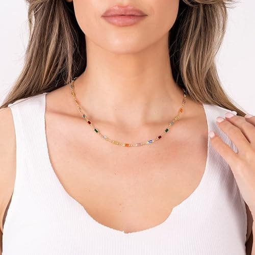 Barzel 18K Gold Plated Multi Stone Crystal Baguette Necklace for Women - Made In Brazil thumbnail 2