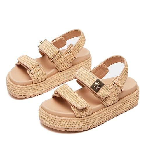 SOVANYOU Raffia Platform Wedge Sandals for Women Comfortable Summer Beach Sandals Open Toe Slingback Platform Sandals with Adjustable Double Buckle - 7 - Natural Raffia - Image 1