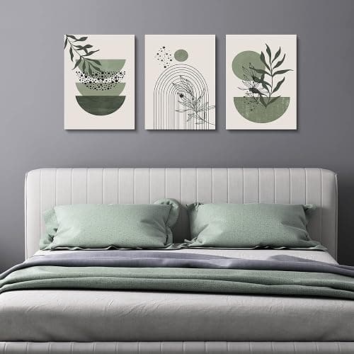 Sage Green Wall Posters & Prints, Green Boho Wall Art Set of 3, Minimalist Framed Wall Art Geometric Line Leaf Sun Moon Beige Green Canvas Artwork Paintings thumbnail 3