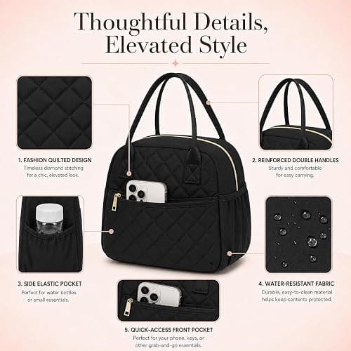 CAMTOP Lunch Box for Women Insulated Lunch Bag Lunchbox Cooler Thermal Leakproof Quilted Reusable Lunch Tote Bag for Work School Travel Picnic (Black) thumbnail 5
