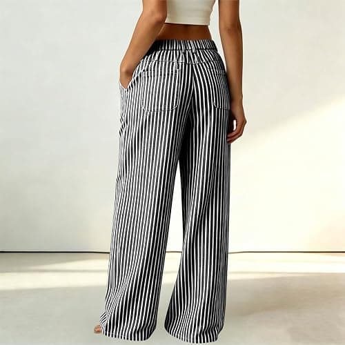Wkishenl Fashion Striped Linen Pants for Women High Waisted Straight Leg Palazzo Trousers Casual Wide Leg Pant with Pockets thumbnail 3