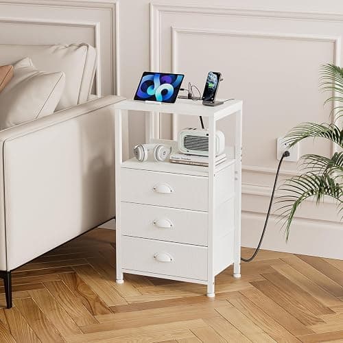 RVHOME White Nightstand with Charging Station & Voice Control LED Light, 28.3" Night Stand with 3 Fabric Drawers, End Table Side Furniture with Tamper-Resistant Outlets, USB Type C Port thumbnail 2